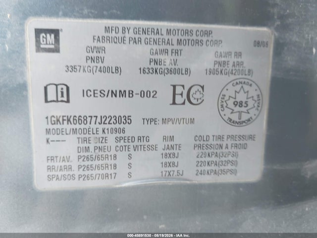 Продаж на аукціоні авто 2007 Gmc Yukon Xl Denali Denali, vin: 1GKFK66877J223035, номер лоту: 45891530