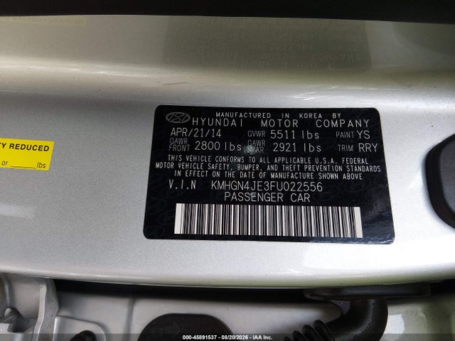 Продажа на аукционе авто 2015 Hyundai Genesis 3.8, vin: KMHGN4JE3FU022556, номер лота: 45891537