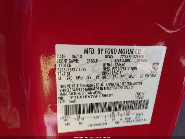 Aukcja sprzedaży 2010 Ford F-150 Fx4/lariat/xl/xlt, vin: 1FTFX1EV7AFC59681, numer aukcji: 45891540