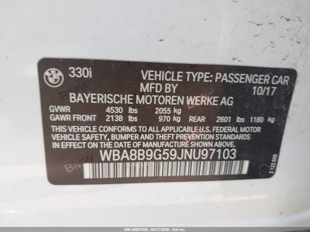 BMW 330I 2018 WBA8B9G59JNU97103 Image 9