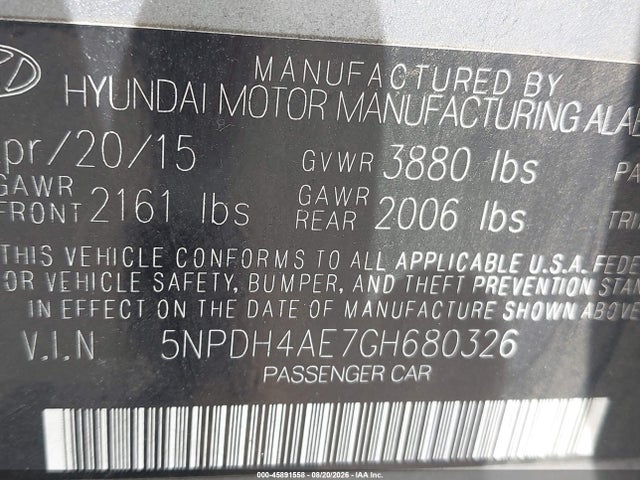45891558 :رقم المزاد ، 5NPDH4AE7GH680326 vin ، 2016 Hyundai Elantra Se مزاد بيع