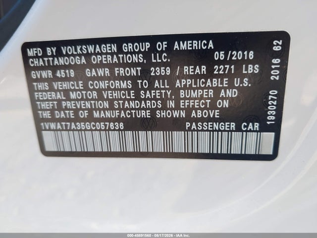 Aukcja sprzedaży 2016 Volkswagen Passat 1.8t R-line, vin: 1VWAT7A35GC057636, numer aukcji: 45891560
