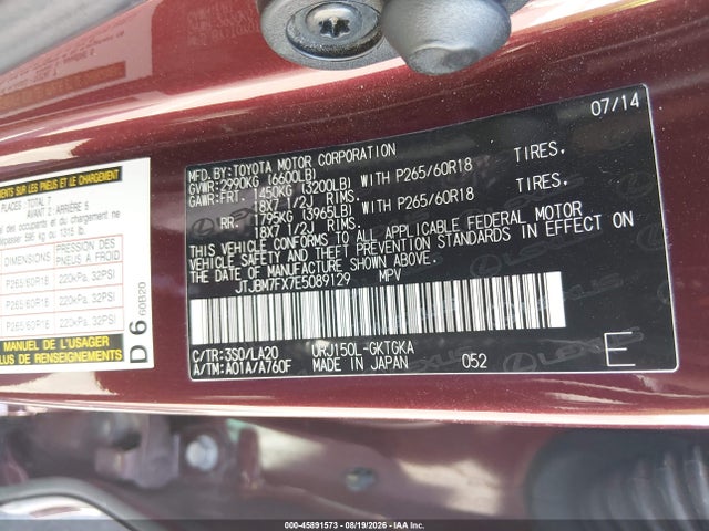 Продаж на аукціоні авто 2014 Lexus Gx 460, vin: JTJBM7FX7E5089129, номер лоту: 45891573