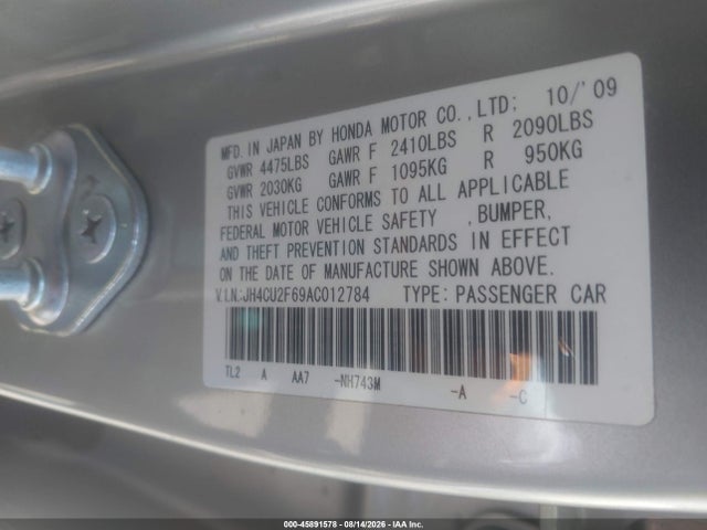 45891578 :رقم المزاد ، JH4CU2F69AC012784 vin ، 2010 Acura Tsx 2.4 مزاد بيع