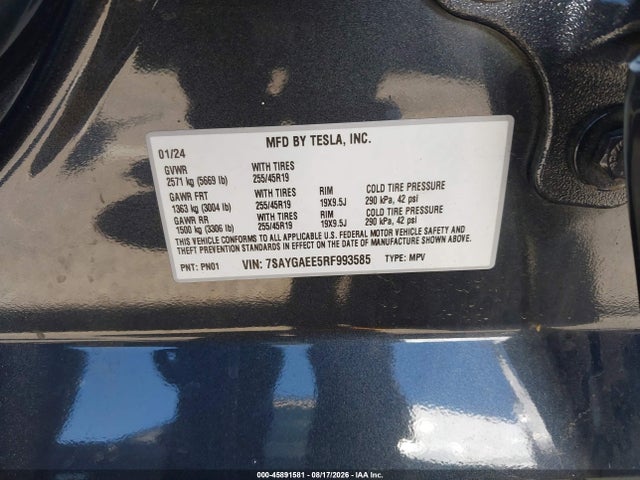 45891581 :رقم المزاد ، 7SAYGAEE5RF993585 vin ، 2024 Tesla Model Y Long Range Dual Motor All-wheel Drive مزاد بيع