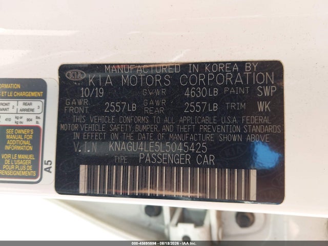 Продажа на аукционе авто 2020 Kia Optima Hybrid Ex, vin: KNAGU4LE5L5045425, номер лота: 45891594