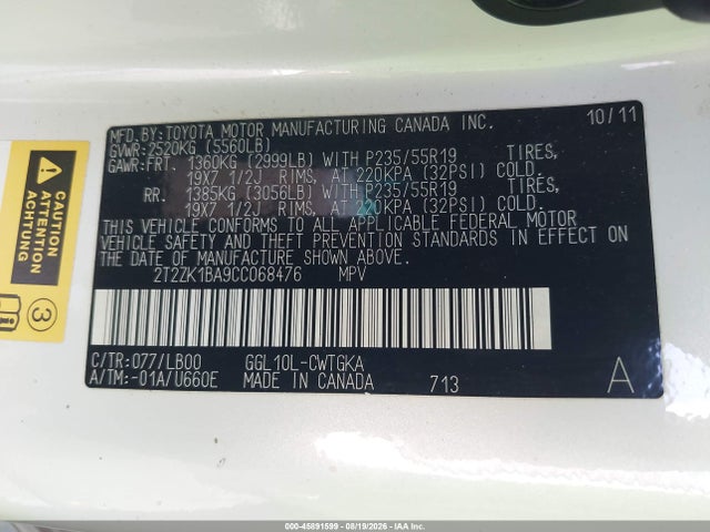 Aukcja sprzedaży 2012 Lexus Rx 350, vin: 2T2ZK1BA9CC068476, numer aukcji: 45891599