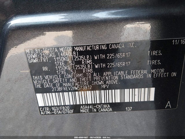 2T3BFREV2HW573912 Toyota RAV4 LE