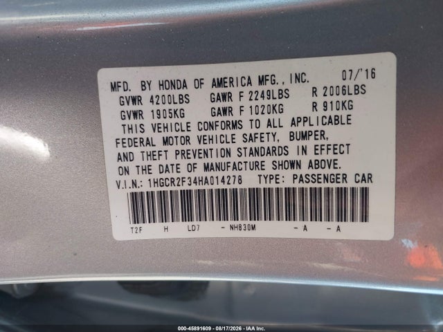 Aukcja sprzedaży 2017 Honda Accord Lx, vin: 1HGCR2F34HA014278, numer aukcji: 45891609