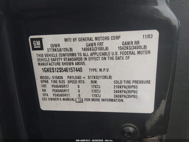 2004 Gmc Envoy Xuv Sle მანქანა იყიდება აუქციონზე, vin: 1GKES12S546157440, აუქციონის ნომერი: 45891613