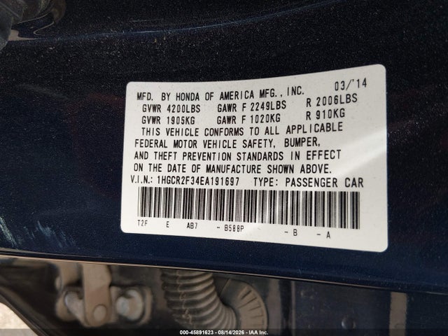 Honda ACCORD LX 2014 1HGCR2F34EA191697 Image 9