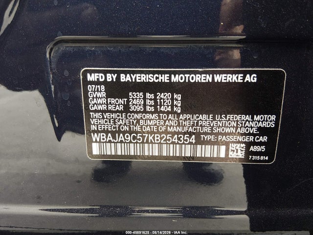 Aukcja sprzedaży 2019 Bmw 530e Iperformance, vin: WBAJA9C57KB254354, numer aukcji: 45891625