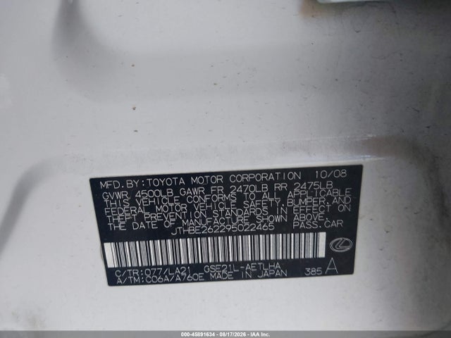 45891634 :رقم المزاد ، JTHBE262295022465 vin ، 2009 Lexus Is 350 مزاد بيع