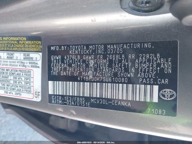45891635 :رقم المزاد ، 4T1BF30K75U610080 vin ، 2005 Toyota Camry Le V6 مزاد بيع