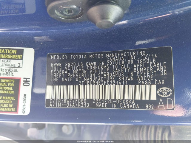 Aukcja sprzedaży 2015 Toyota Corolla S Plus, vin: 2T1BURHE2FC321411, numer aukcji: 45891638
