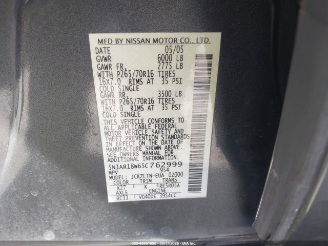 2005 Nissan Pathfinder Se მანქანა იყიდება აუქციონზე, vin: 5N1AR18W65C762999, აუქციონის ნომერი: 45891655