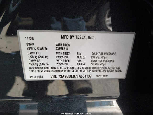 Продажа на аукционе авто 2026 Tesla Model Y Premium/rear-wheel Drive, vin: 7SAYGDED7TA601137, номер лота: 45891659