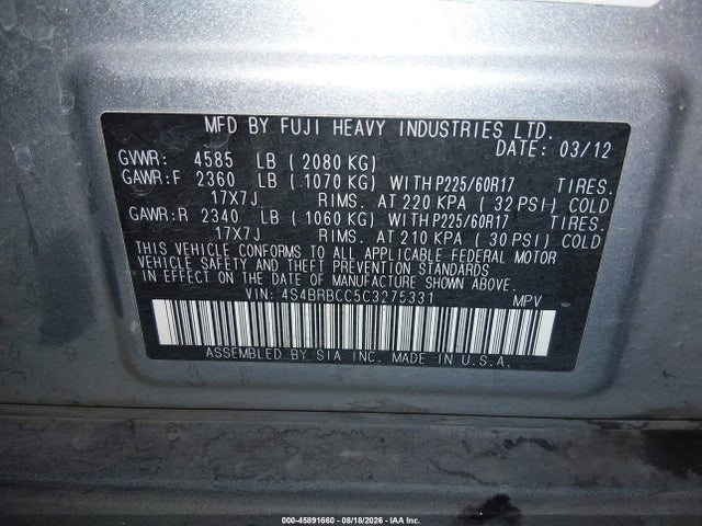 Aukcja sprzedaży 2012 Subaru Outback 2.5i Premium, vin: 4S4BRBCC5C3275331, numer aukcji: 45891660