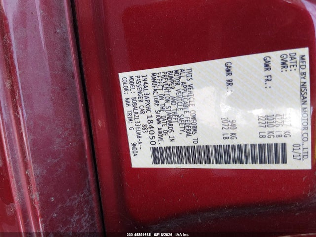 45891665 :رقم المزاد ، 1N4AL3APXHC184050 vin ، 2017 Nissan Altima 2.5 Sl مزاد بيع