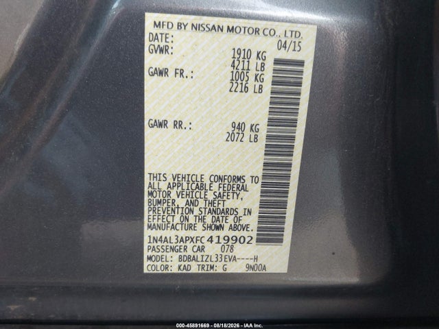 Nissan Altima 2.5 Sv 2015 1N4AL3APXFC419902 Image 9