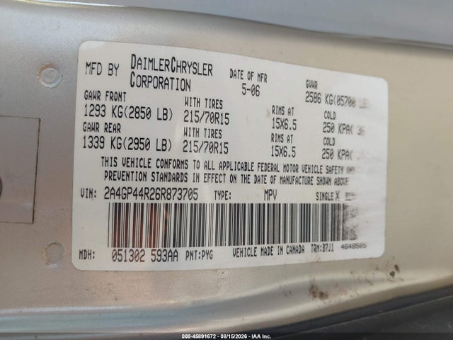 45891672 :رقم المزاد ، 2A4GP44R26R873705 vin ، 2006 Chrysler Town & Country Lx مزاد بيع