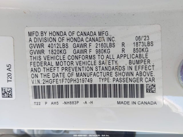 Продажа на аукционе авто 2023 Honda Civic Ex/ex W/o Bsi, vin: 2HGFE1F70PH319749, номер лота: 45891681