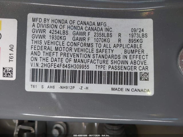 Продажа на аукционе авто 2025 Honda Civic Hybrid Sport/sport Touring, vin: 2HGFE4F84SH309955, номер лота: 45891698