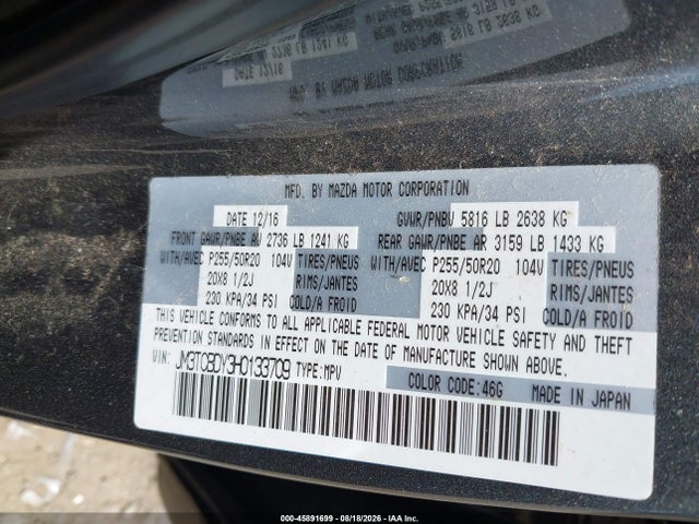 45891699 :رقم المزاد ، JM3TCBDY3H0133709 vin ، 2017 Mazda Cx-9 Grand Touring مزاد بيع