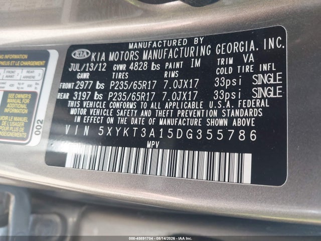 45891704 :رقم المزاد ، 5XYKT3A15DG355786 vin ، 2013 Kia Sorento Lx مزاد بيع