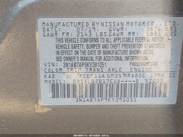 45891714 :رقم المزاد ، 3N1AB7AP9KY391051 vin ، 2019 Nissan Sentra S مزاد بيع