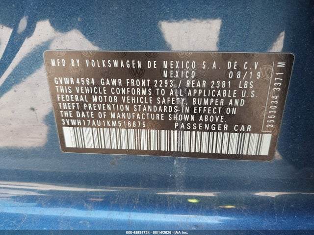 Aukcja sprzedaży 2019 Volkswagen Golf Alltrack Tsi S/tsi Se/tsi Sel, vin: 3VWH17AU1KM516875, numer aukcji: 45891724
