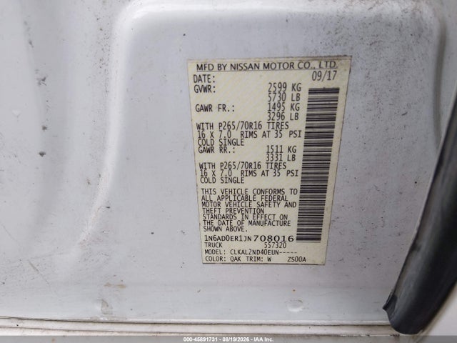 Продажа на аукционе авто 2018 Nissan Frontier Sv, vin: 1N6AD0ER1JN708016, номер лота: 45891731