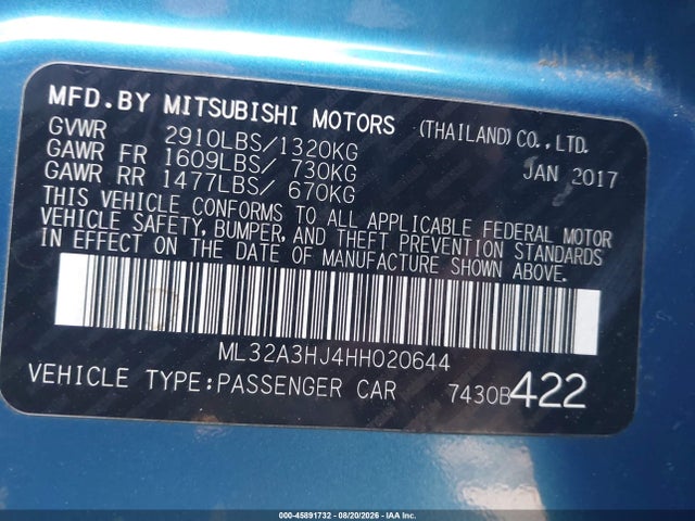 45891732 :رقم المزاد ، ML32A3HJ4HH020644 vin ، 2017 Mitsubishi Mirage Es مزاد بيع