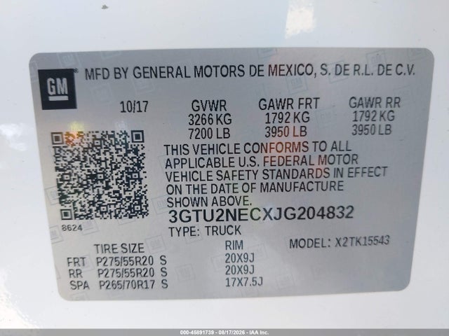 Aukcja sprzedaży 2018 Gmc Sierra 1500 Slt, vin: 3GTU2NECXJG204832, numer aukcji: 45891739