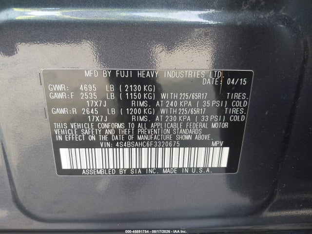 Subaru Outback 2.5i Premium 2015 4S4BSAHC6F3320675 Image 9