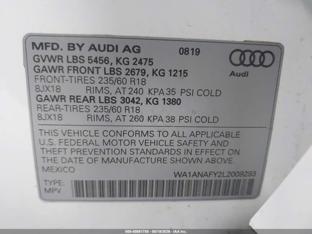 Продаж на аукціоні авто 2020 Audi Q5 Premium 45 Tfsi Quattro S Tronic, vin: WA1ANAFY2L2009293, номер лоту: 45891758