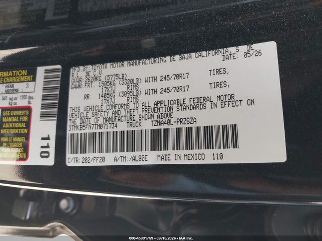 3TMKB5FN7TM071734 Toyota Tacoma Sr5