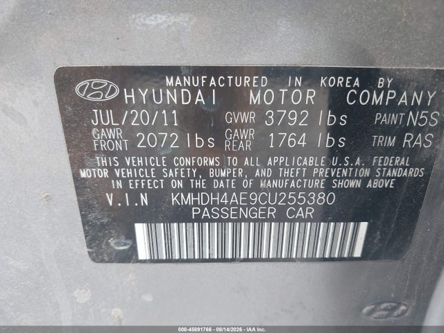 Aukcja sprzedaży 2012 Hyundai Elantra Limited (ulsan Plant), vin: KMHDH4AE9CU255380, numer aukcji: 45891766