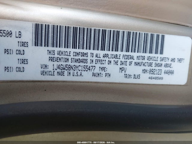 Aukcja sprzedaży 2000 Jeep Grand Cherokee Limited, vin: 1J4GW58N3YC155477, numer aukcji: 45891775