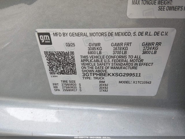 45891776 :رقم المزاد ، 3GTPHBEKXSG299511 vin ، 2025 Gmc Sierra 1500 2wd  Short Box Sle مزاد بيع