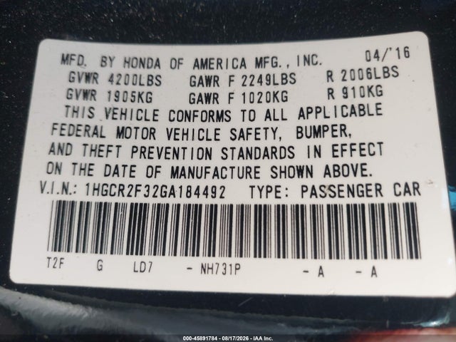 Honda ACCORD LX 2016 1HGCR2F32GA184492 Image 9