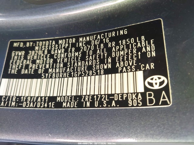 5YFBURHE1GP528518 Toyota COROLLA L