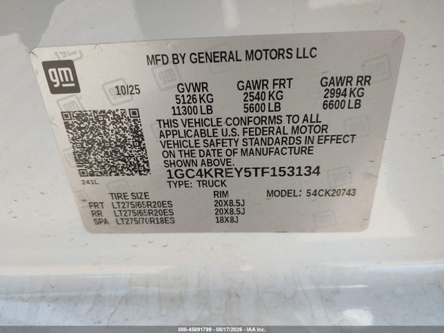 Продажа на аукционе авто 2026 Chevrolet Silverado 2500 Hd , Standard Bed, High Country, 4wd, vin: 1GC4KREY5TF153134, номер лота: 45891799