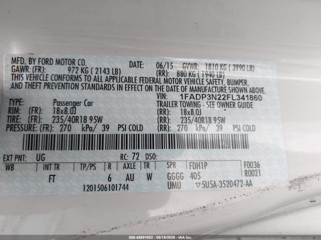 Aukcja sprzedaży 2015 Ford Focus Titanium, vin: 1FADP3N22FL341860, numer aukcji: 45891802