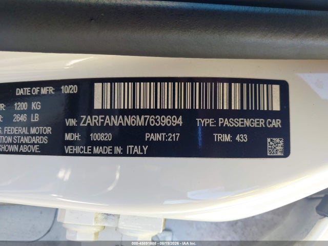 2021 Alfa Romeo Giulia Awd მანქანა იყიდება აუქციონზე, vin: ZARFANAN6M7639694, აუქციონის ნომერი: 45891808
