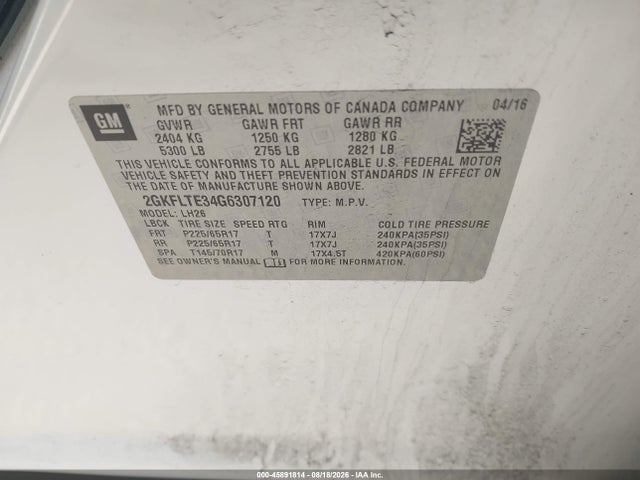 Aukcja sprzedaży 2016 Gmc Terrain Sle-2, vin: 2GKFLTE34G6307120, numer aukcji: 45891814