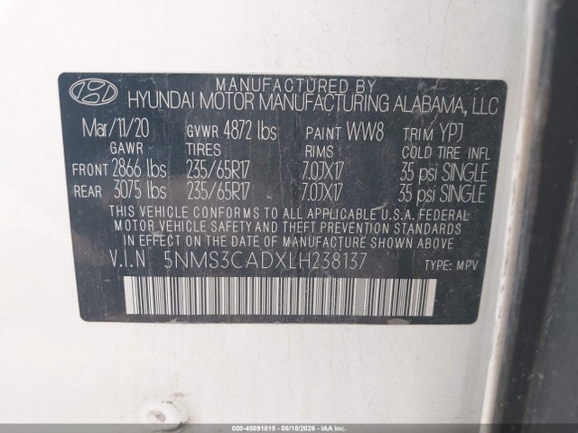 Hyundai Santa Fe Sel 2020 5NMS3CADXLH238137 Image 9