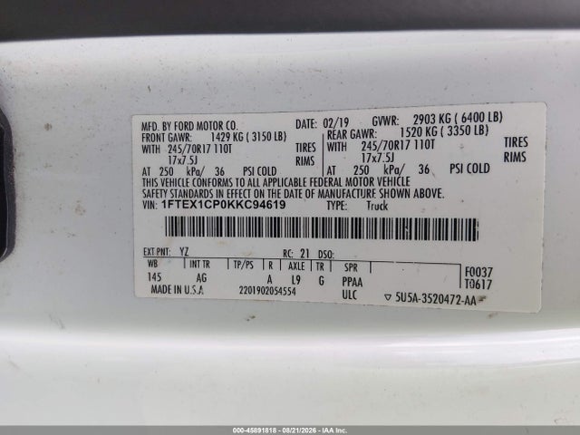 2019 Ford F-150 Xl მანქანა იყიდება აუქციონზე, vin: 1FTEX1CP0KKC94619, აუქციონის ნომერი: 45891818