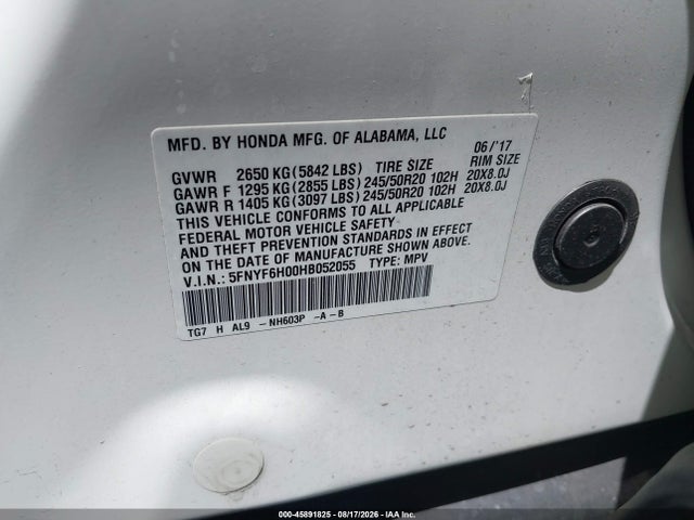 Продаж на аукціоні авто 2017 Honda Pilot Elite, vin: 5FNYF6H00HB052055, номер лоту: 45891825