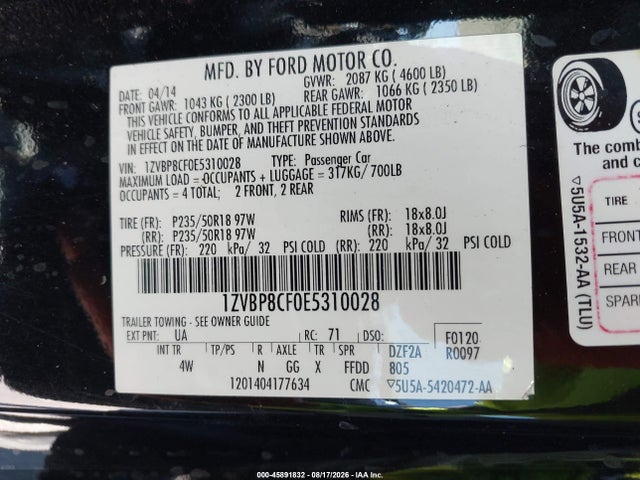 45891832 :رقم المزاد ، 1ZVBP8CF0E5310028 vin ، 2014 Ford Mustang Gt Premium مزاد بيع